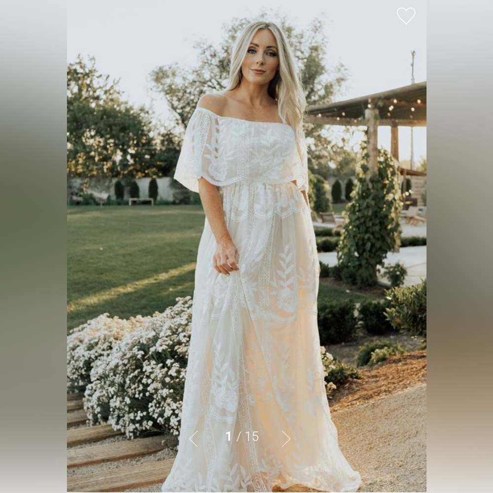 Baltic Born “Leon off shoulder maxi dress” in white/nude lace. NWT